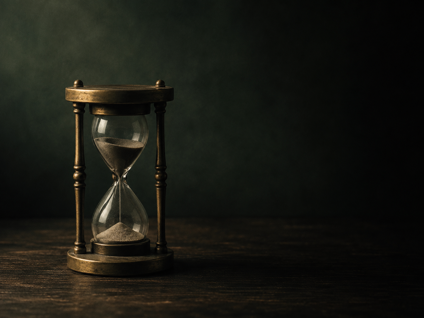 A brass hourglass with sand running through it, lit against a dark background