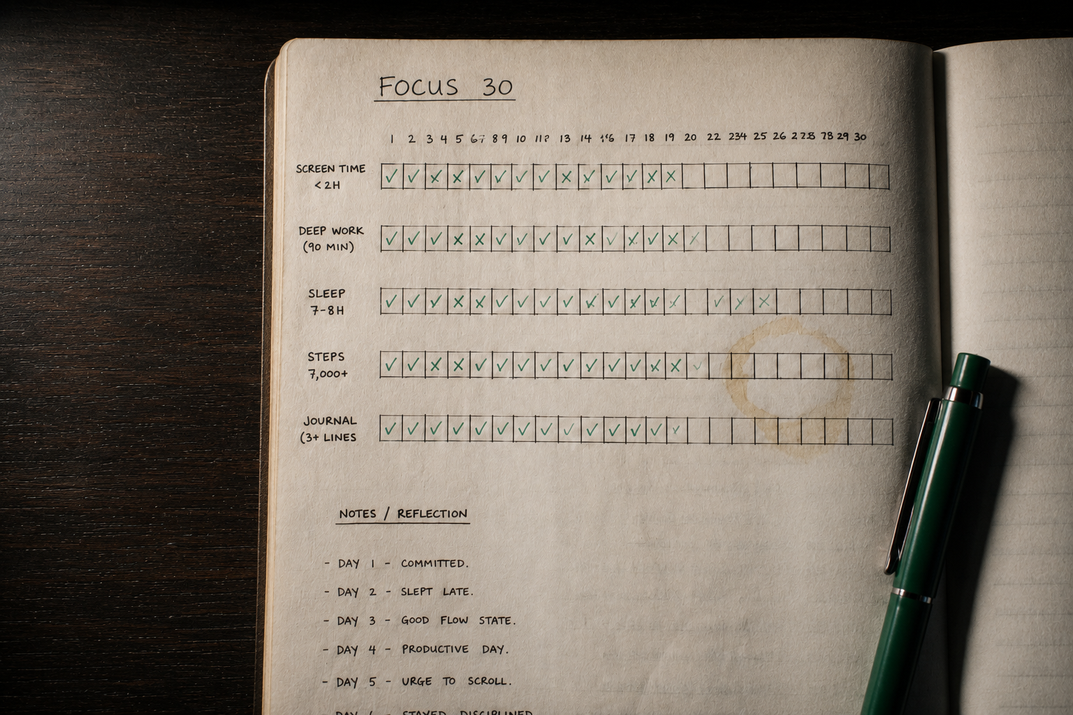 A Focus 30 habit tracker filled in by hand in a notebook